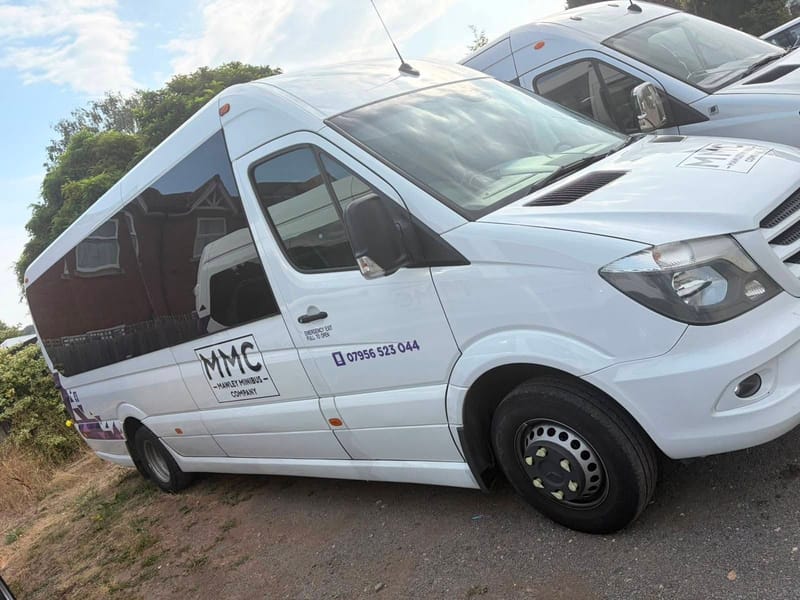 A white Mawley Minibus Company Mercedes Sprinter minibus in MMC livery