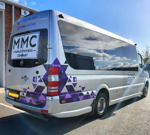 Silver Mawley Minibus Mercedes Sprinter with MMC purple livery
